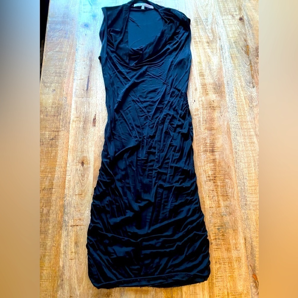 Rachel Roy bodycon black cowl neck fitted slinky silky midi dress EUC
